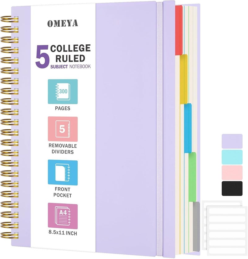OMEYA Spiral Notebook 8.5" x 11", 5 Subject Notebooks College Ruled with Removable Dividers, 300 Pages 100GSM Thick Spiral Writing Journal for Women & Men, Large A4 Lined Journal Notebooks for Work, School - Image 1